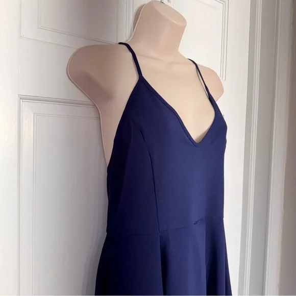 NWT Elia Cher Navy Midi Dress Deep V Neck Strappy Back Summer Size L - Picture 6 of 8